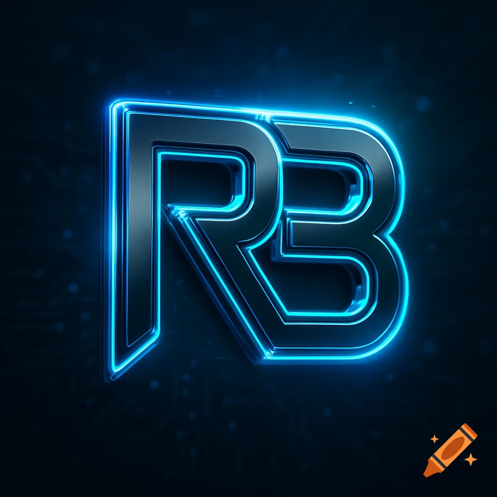 Futuristic logo with metallic 'RB' letters outlined in glowing blue neon on a dark, subtle circuit board background.