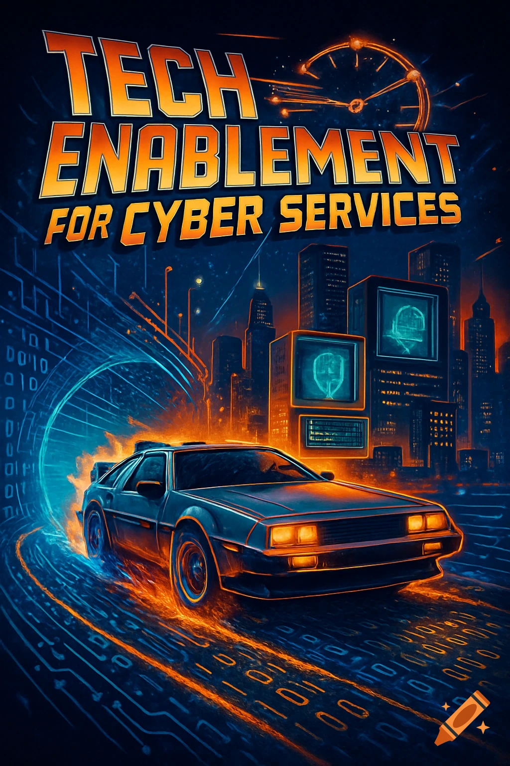 Retro-futuristic poster with a DeLorean car speeding on a cyber road towards a glowing city, titled 'TECH ENABLEMENT FOR CYBER SERVICES'.