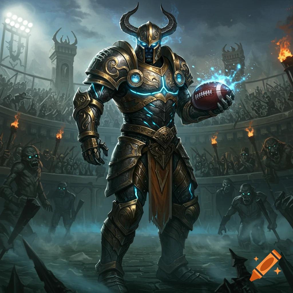 A horned fantasy warrior in glowing armor holds a magical football in a dark, zombie-filled stadium.