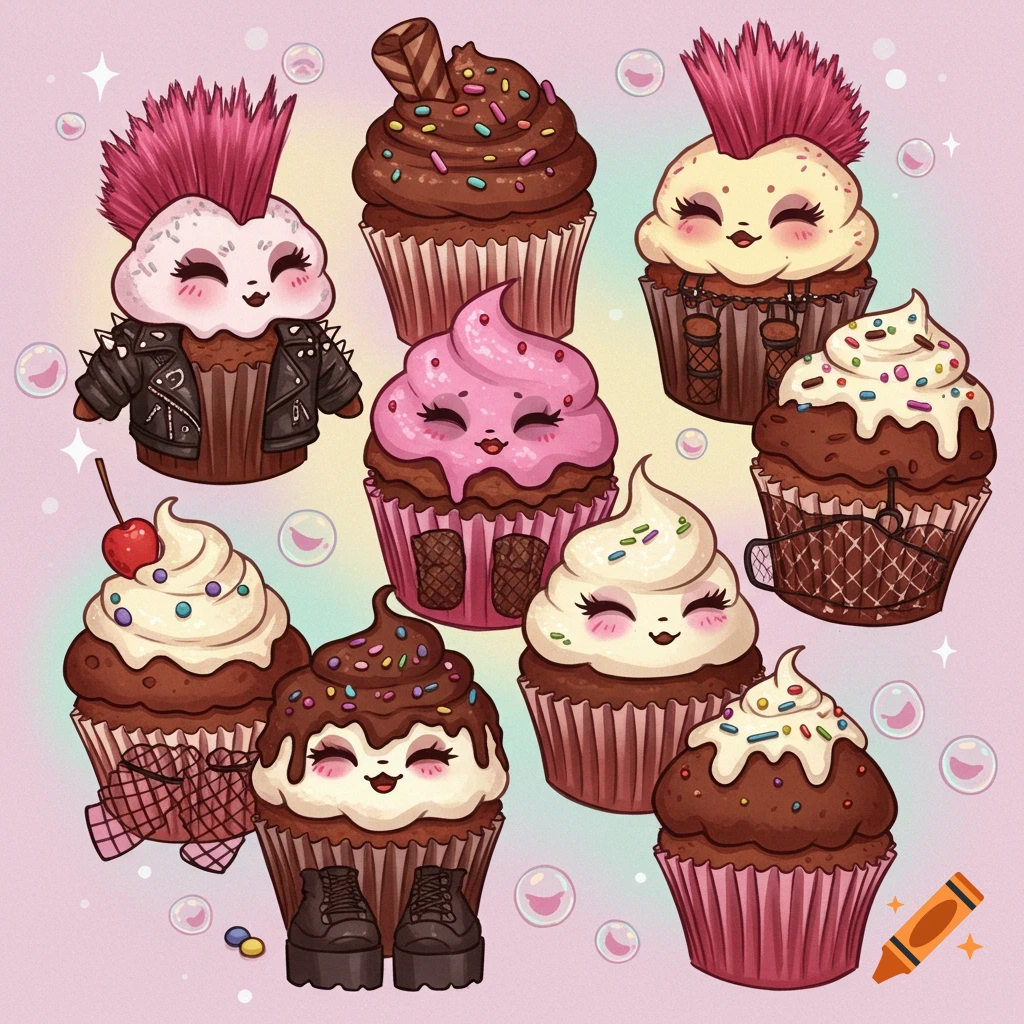 A group of cute, anthropomorphic cartoon cupcakes with punk and goth styles, featuring mohawks, leather, and platform boots.