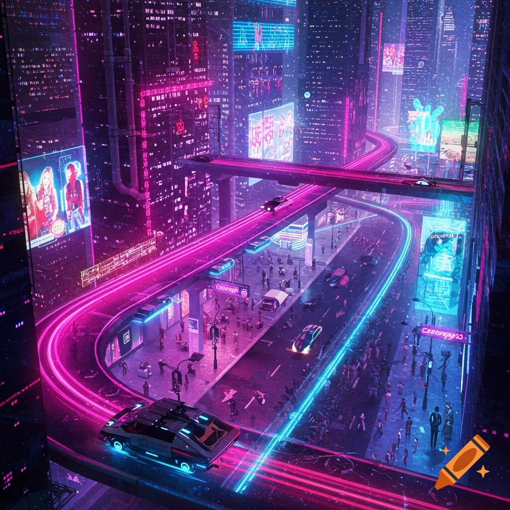 A vibrant futuristic cyberpunk city at night, with towering skyscrapers, elevated roads, glowing neon lights in pink and blue, and busy streets.