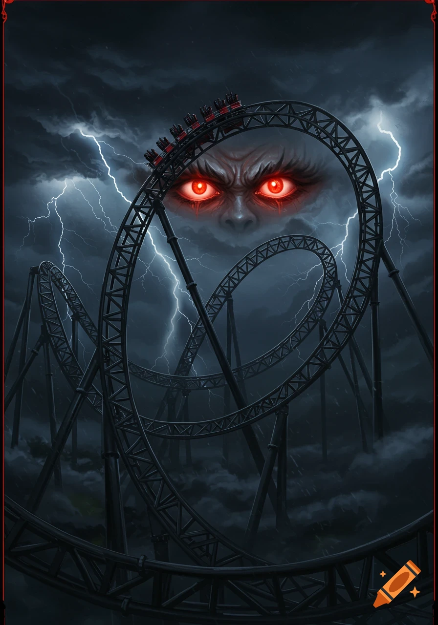 A dark rollercoaster loops under a stormy sky with lightning, where a monstrous face with glowing red eyes emerges from the clouds.