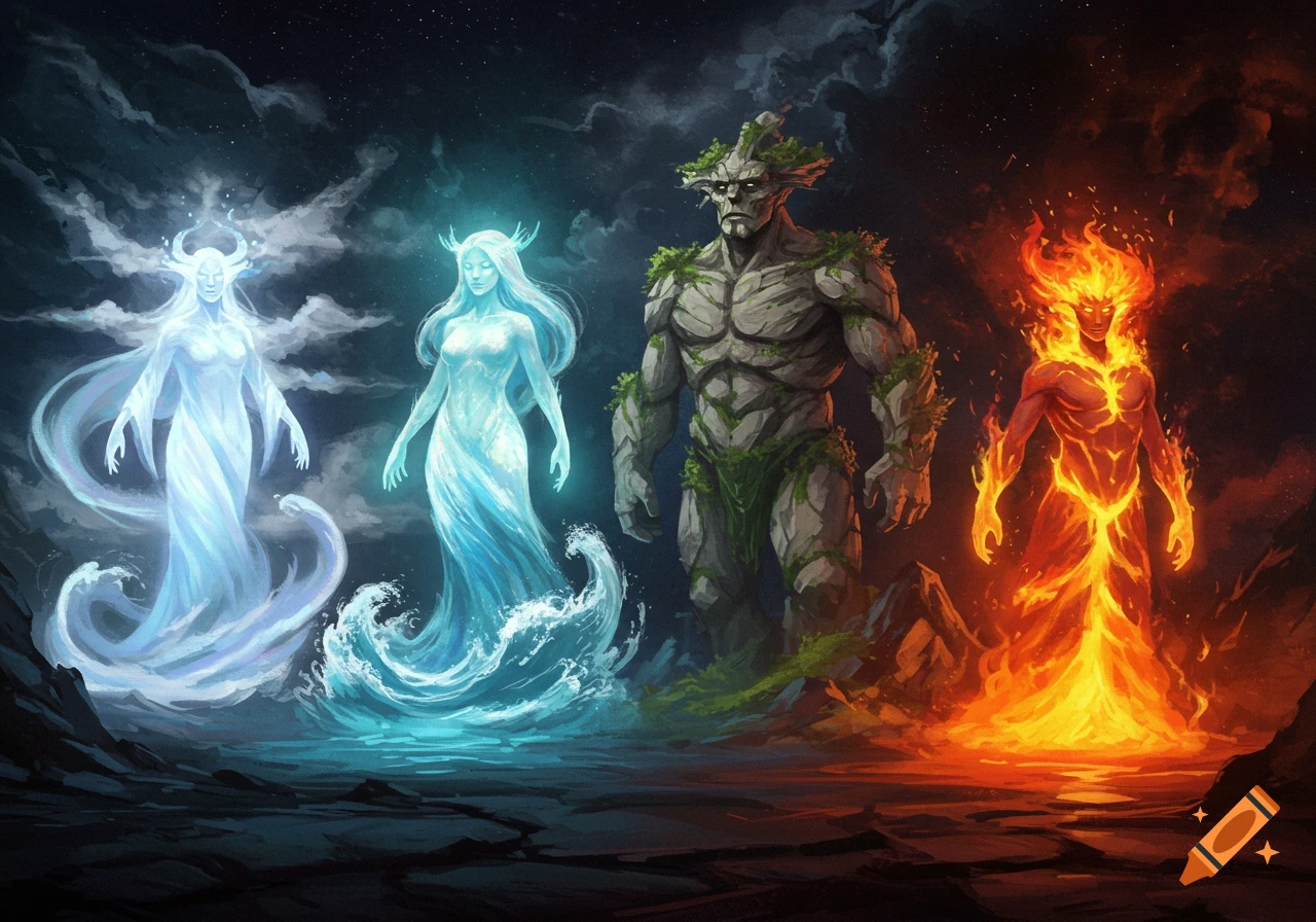 Four elemental gods of air, water, earth, and fire stand in a dark, cosmic void in a detailed fantasy illustration.