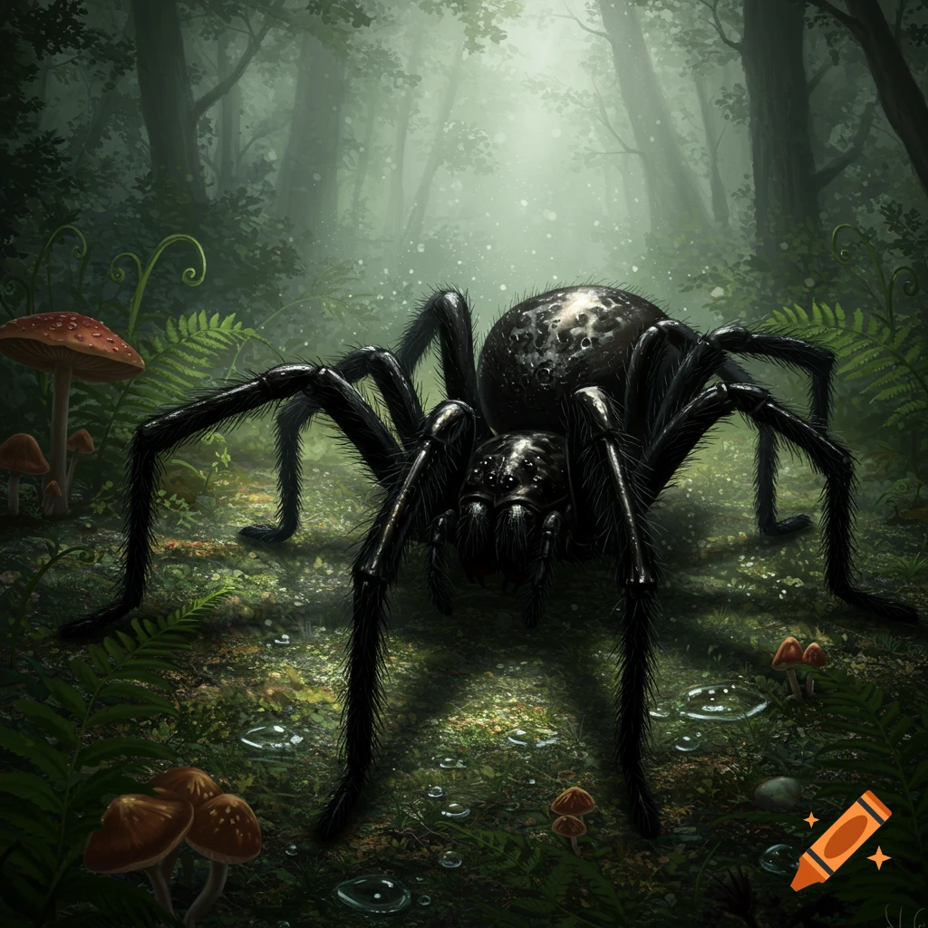 A large, dark, hairy spider on a mossy forest floor with red-capped mushrooms and misty trees in the background, in an art style.