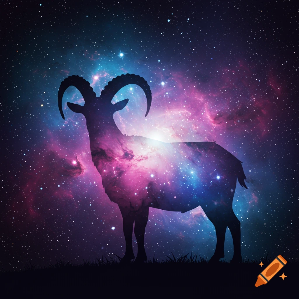 A silhouette of a goat filled with a vibrant pink and blue galaxy, standing on a dark grassy ground against a starry night sky.