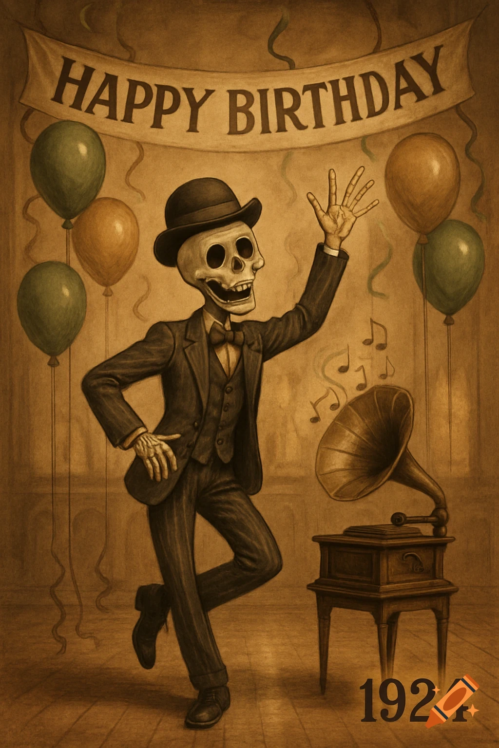A dapper skeleton in a suit and bowler hat dances next to a gramophone under a "HAPPY BIRTHDAY" banner, with "1924" at the bottom, in a sepia-toned illustration.
