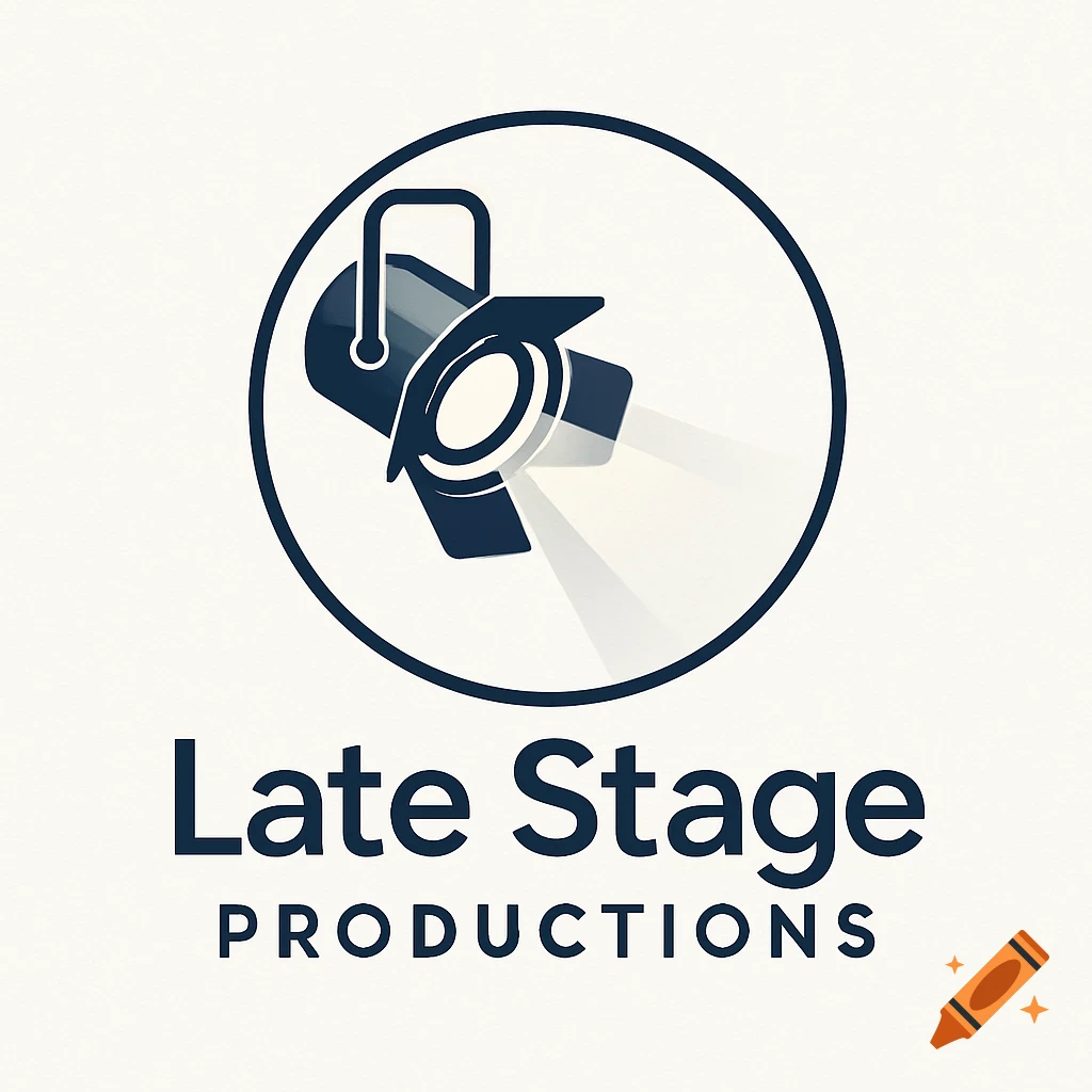 Logo for 'Late Stage PRODUCTIONS' featuring a dark blue spotlight in a circle casting light, on a white background.