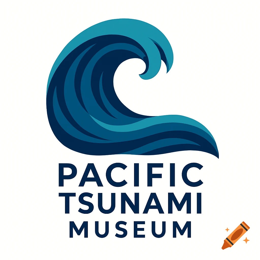 Logo for the Pacific Tsunami Museum, featuring a stylized blue wave and dark blue text.
