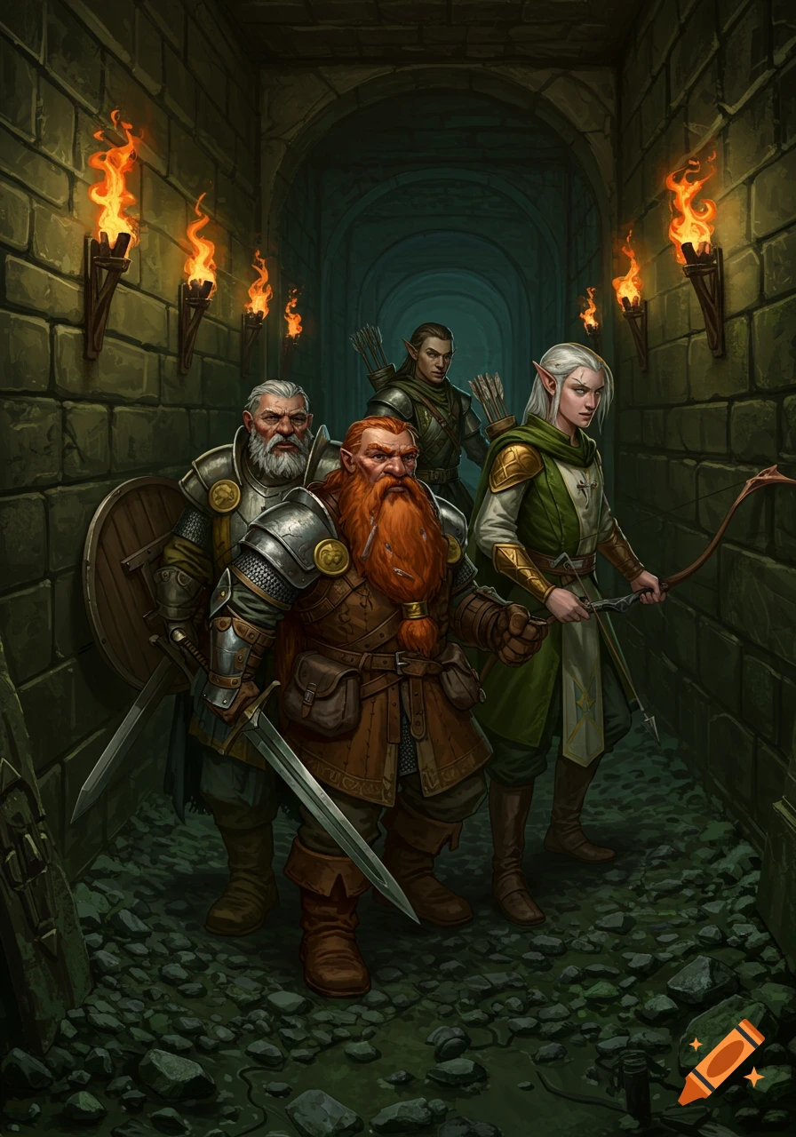 A fantasy adventuring party, including a human warrior, dwarf, and two elves with bows, walks cautiously down a torchlit dungeon corridor.