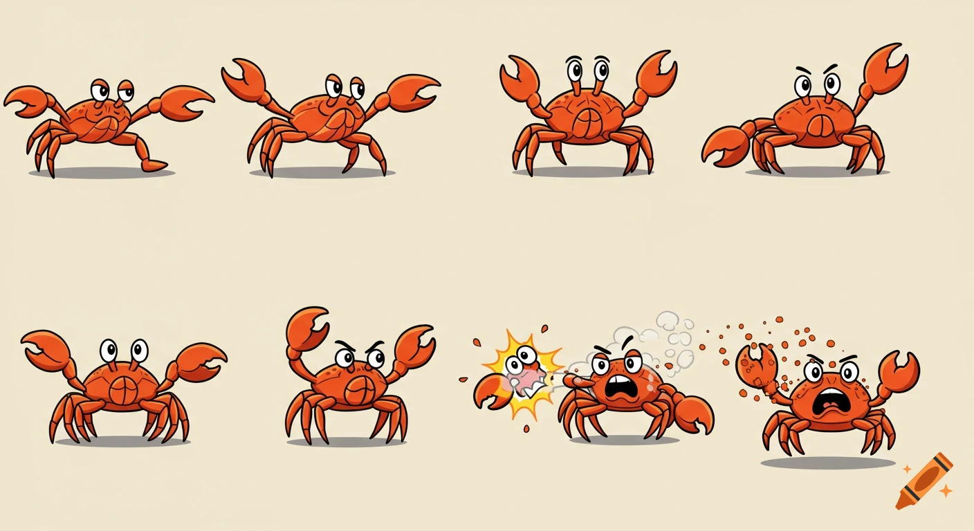 An animation sheet of eight cartoon orange crabs in various poses, including walking, snapping claws, and disintegrating.