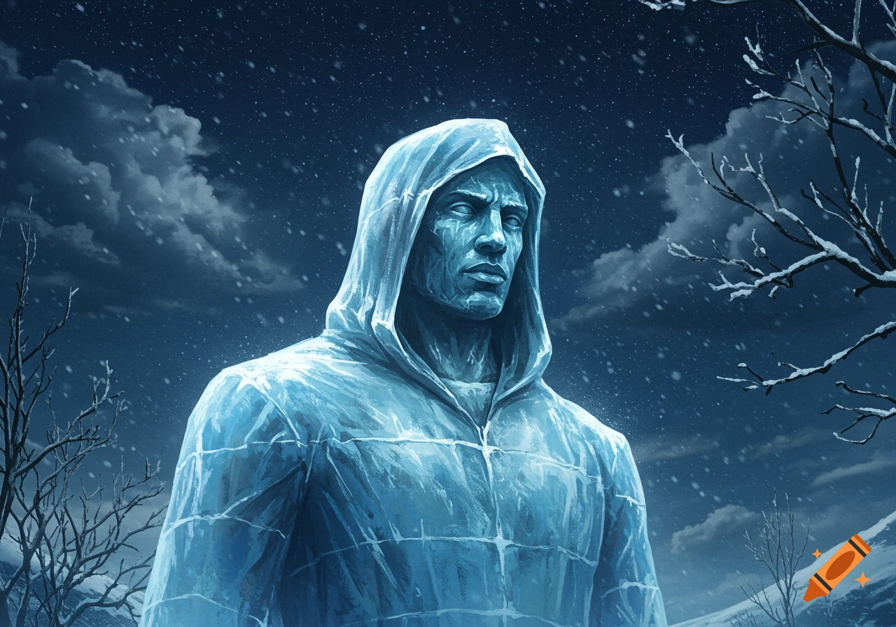 A stoic male figure made of ice, wearing a hooded jacket, stands in a snowy, dark winter landscape. Fantasy art style.