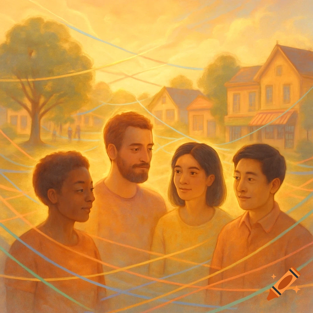 Painterly illustration of four diverse people standing in a sunlit community, connected by colorful ribbons, with houses and trees in the background.