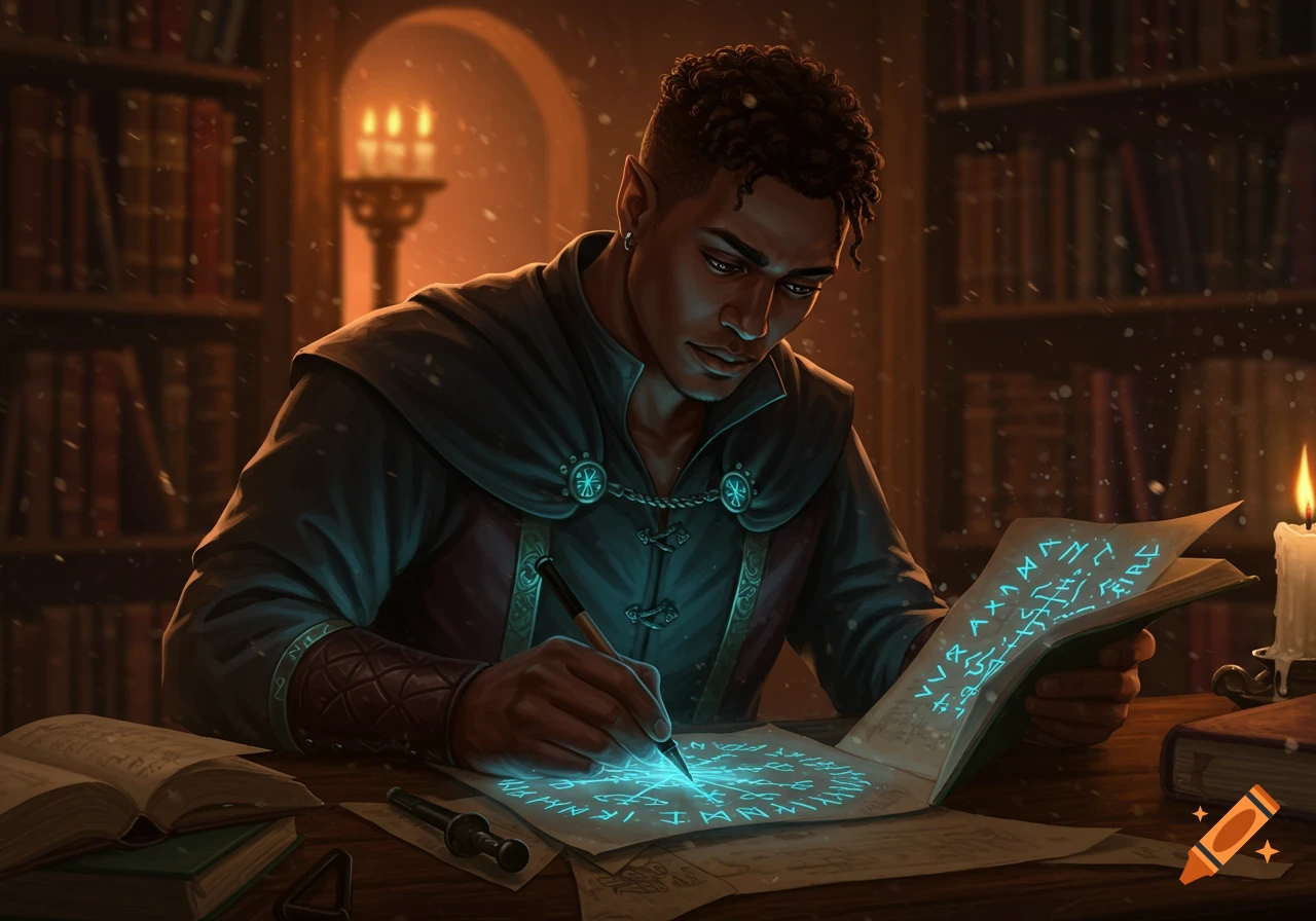 A dark-skinned male character with pointed ears writes glowing magical runes on paper in a candlelit library.