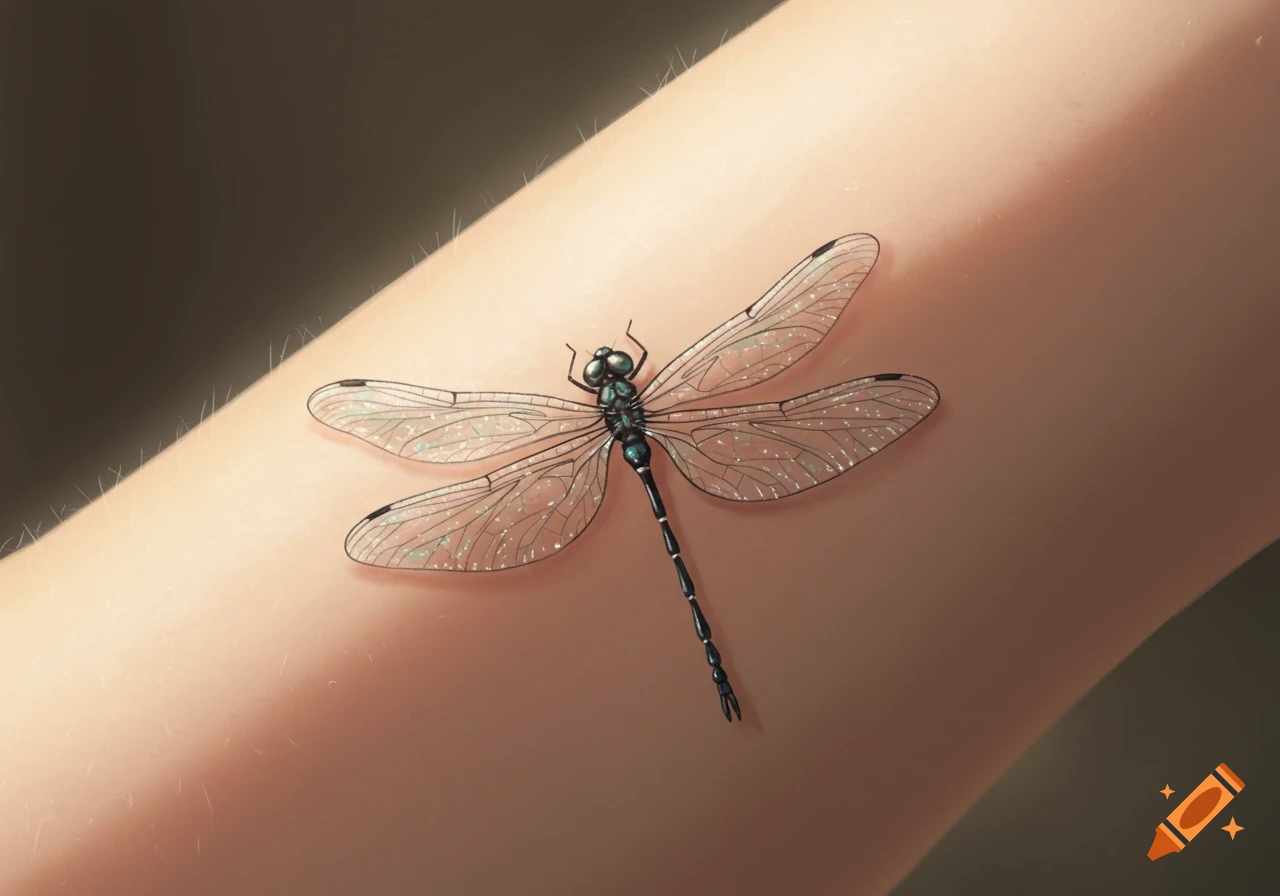 A detailed illustration of a dragonfly tattoo with clear wings and a dark  body, resting on a person's arm. on Craiyon, image size:1280x896