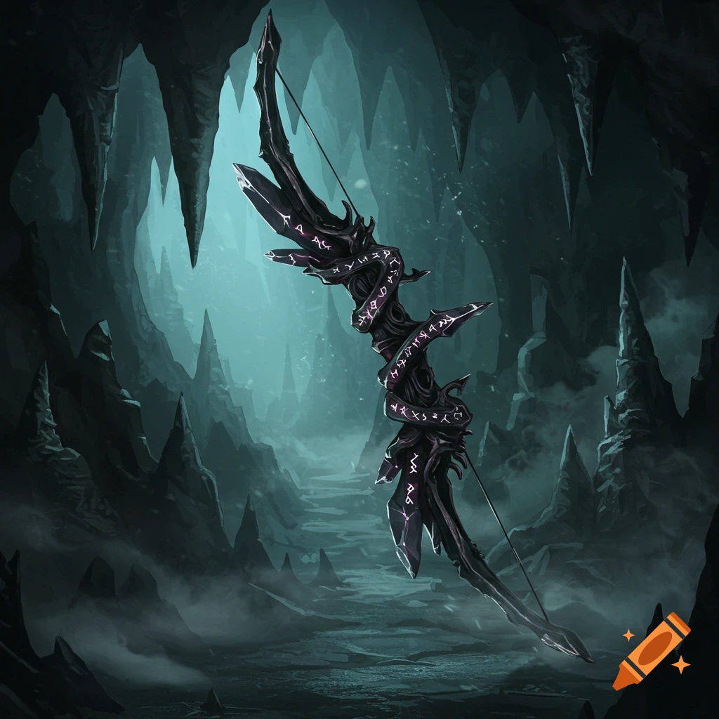 A dark, ornate bow with glowing purple runes, made of dark crystal, stands in a mysterious, misty cave with stalactites.