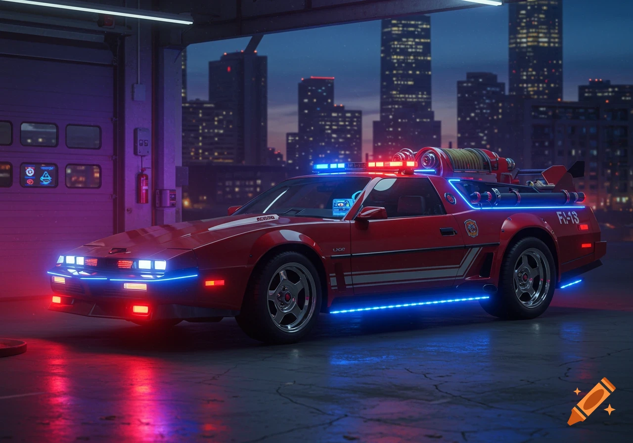 A red retro-futuristic fire truck with blue neon underglow and flashing emergency lights is parked in a garage at night, with a city skyline in the background.