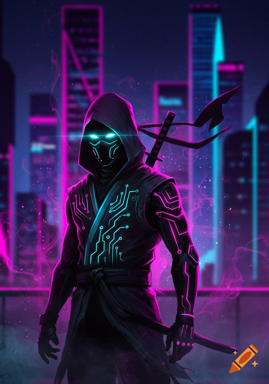 A stylized ninja with glowing blue eyes and neon circuit patterns on a dark suit stands in a vibrant neon cyberpunk city, holding a sword.