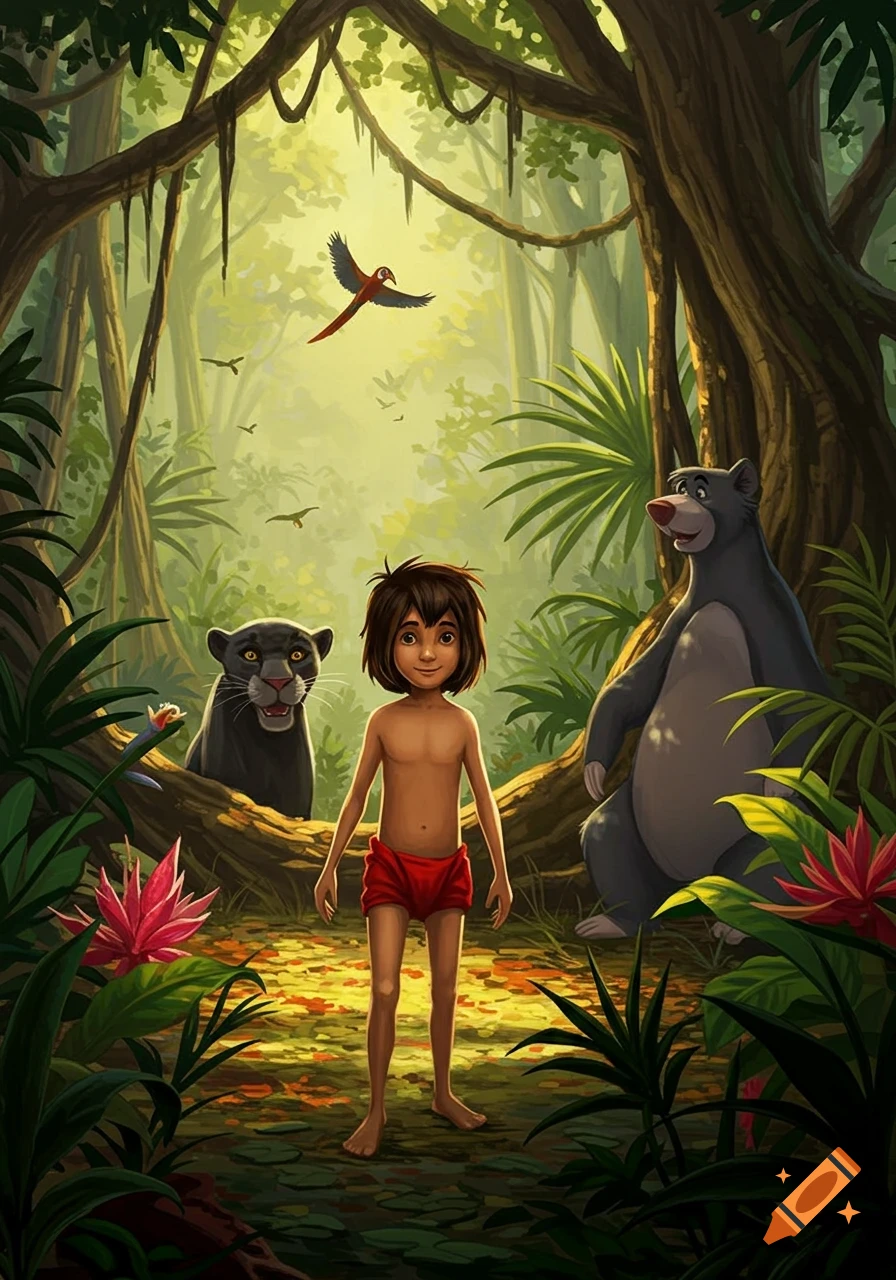 Cartoon illustration of Mowgli in red shorts, standing in a lush jungle with Baloo the bear and Bagheera the panther.