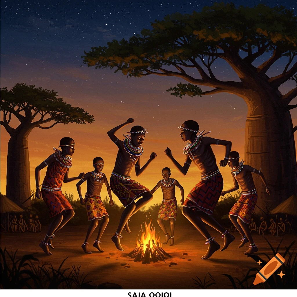 People in traditional African attire dance around a bonfire at dusk under a starry sky, with large baobab trees.