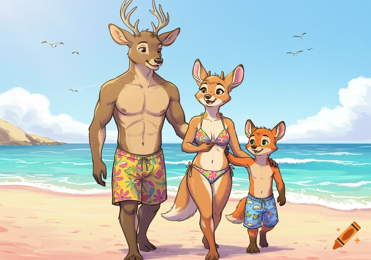 A cartoon anthropomorphic deer father, deer mother in a bikini, and their fox son in swim trunks walk along a sandy beach.