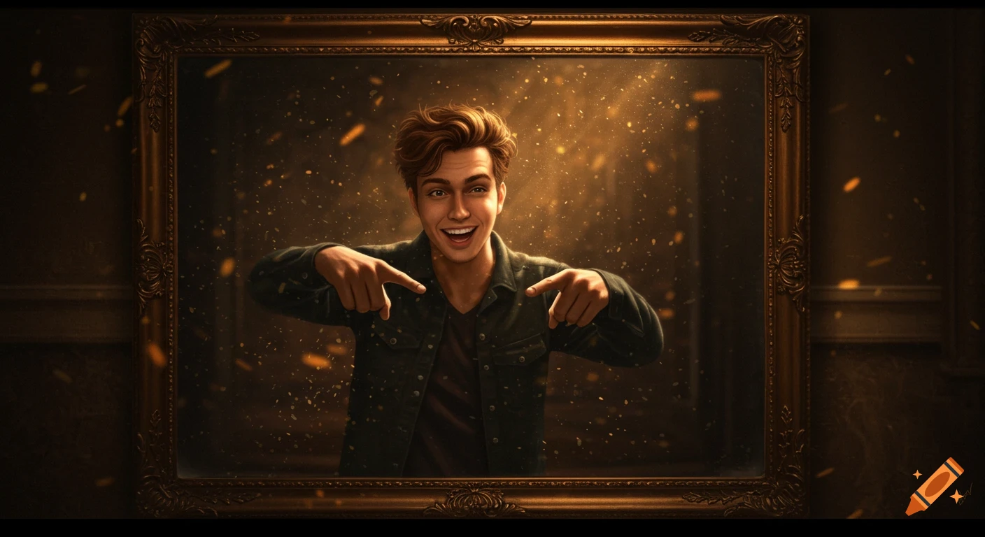 Smiling young man with brown hair points at himself in an ornate mirror amidst golden sparkles, digital art style.