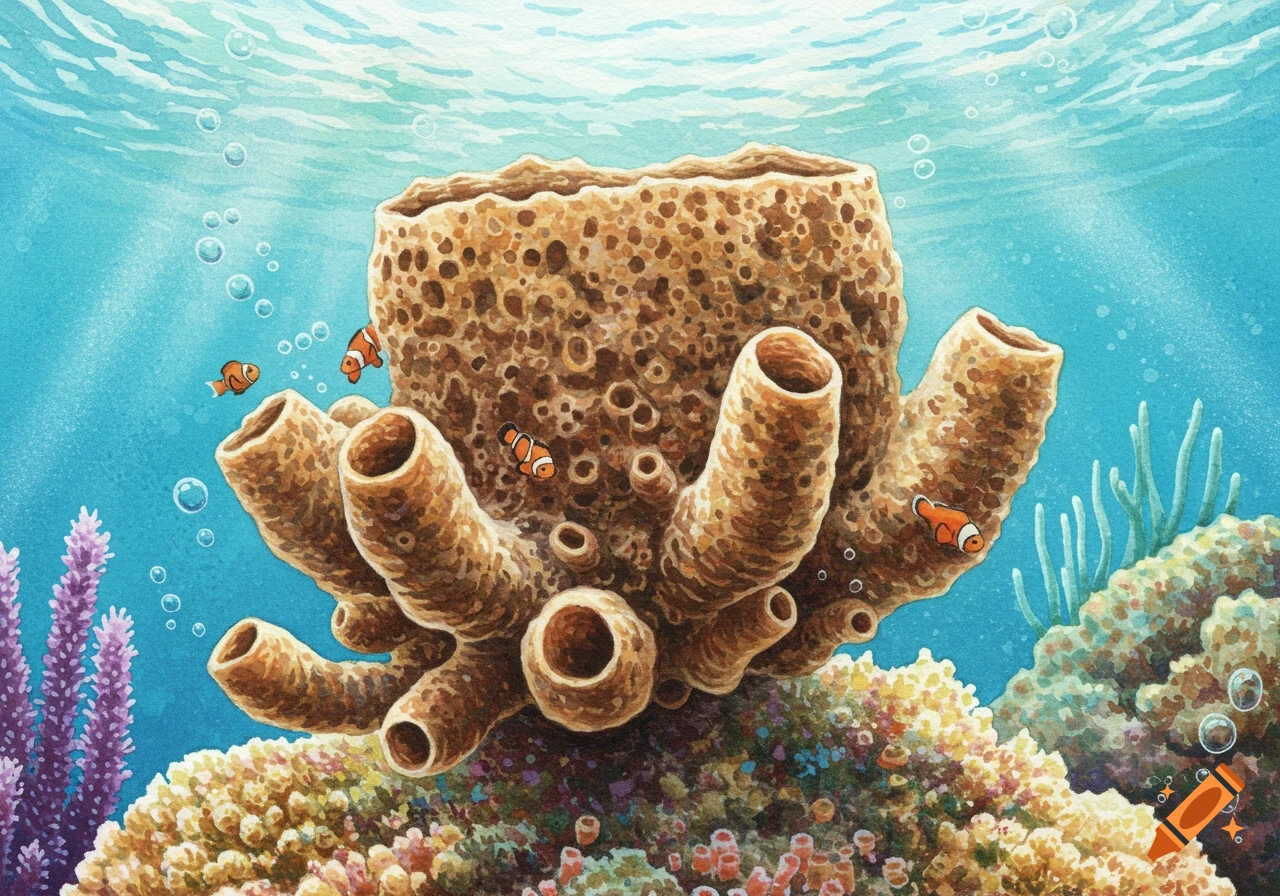Watercolor illustration of a large brown sea sponge with clownfish swimming around it on a coral reef.