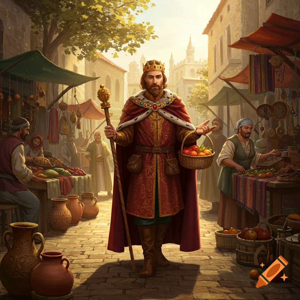 A king in royal attire holding a scepter and fruit basket, standing in a bustling medieval marketplace.