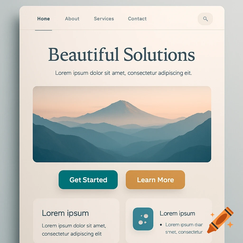 A clean, modern website mockup with navigation, a main title "Beautiful Solutions", "Get Started" and "Learn More" buttons, and a banner image of misty mountains at sunset.