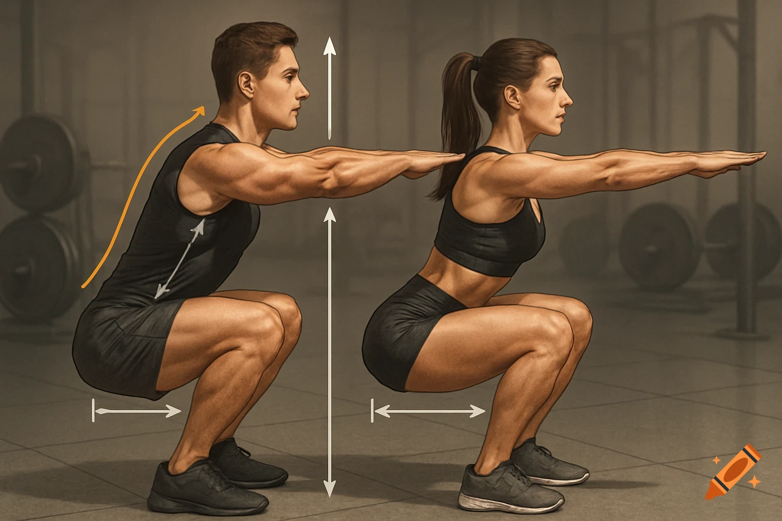 Detailed illustration of a man and woman demonstrating correct squat form with arrows in a gym.