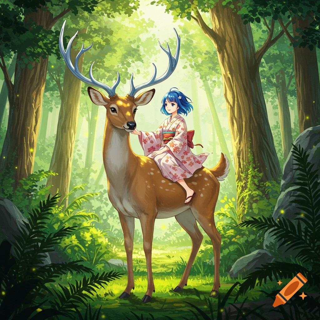 A cute anime girl with blue hair in a kimono rides a large deer with antlers through a sunlit, lush green forest.