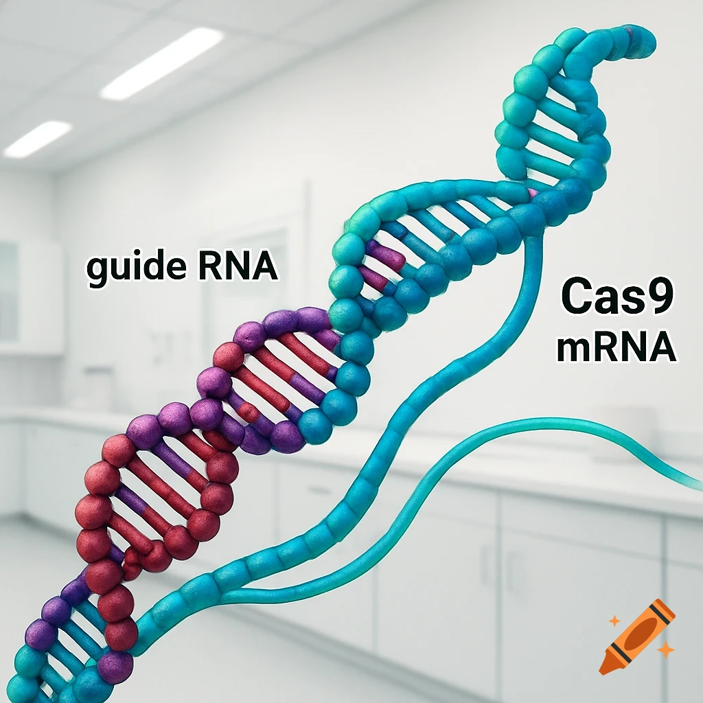 3D illustration of a DNA double helix with a guide RNA strand and labeled Cas9 mRNA, set in a blurred laboratory.