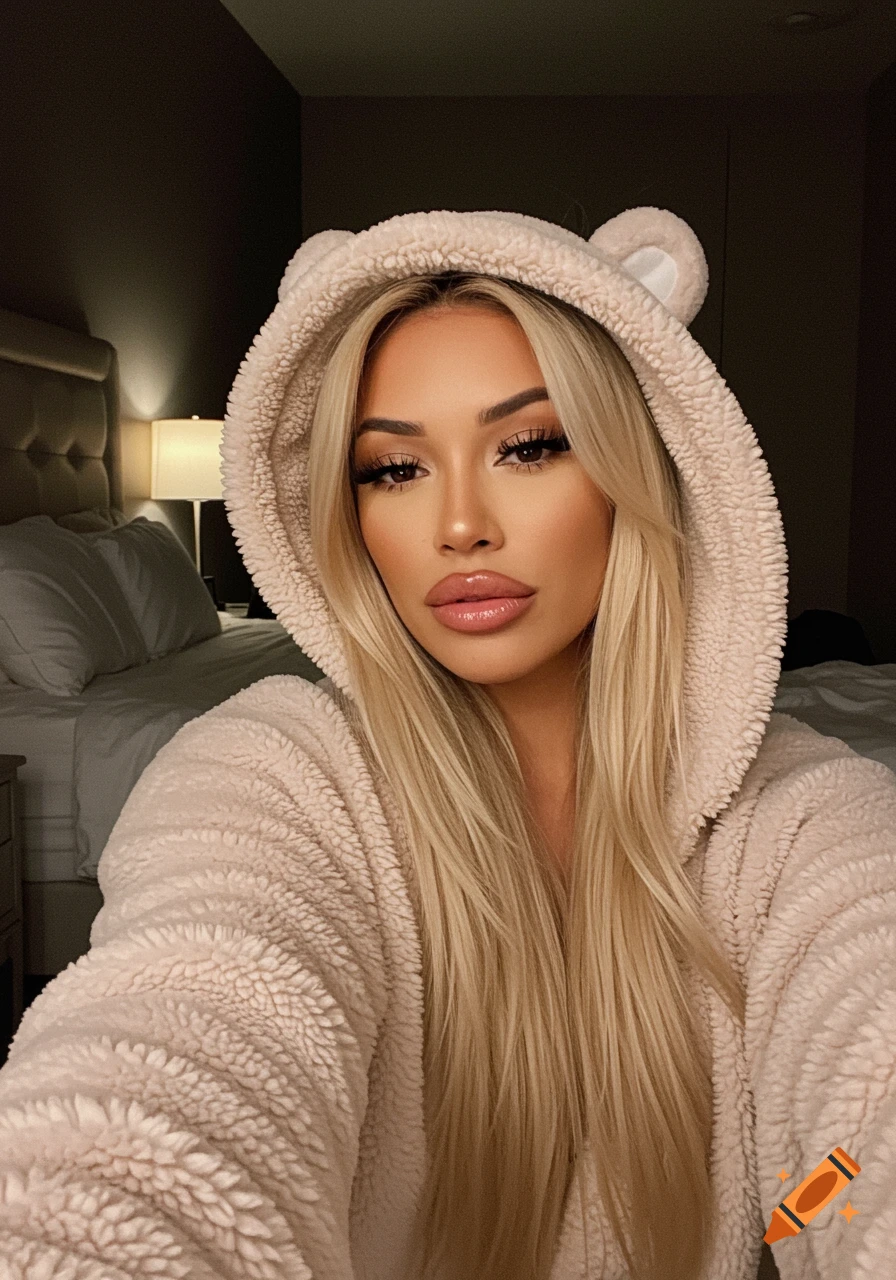 Photorealistic selfie of a blonde woman wearing a light-colored, fluffy hooded onesie with bear ears, in a dimly lit bedroom.