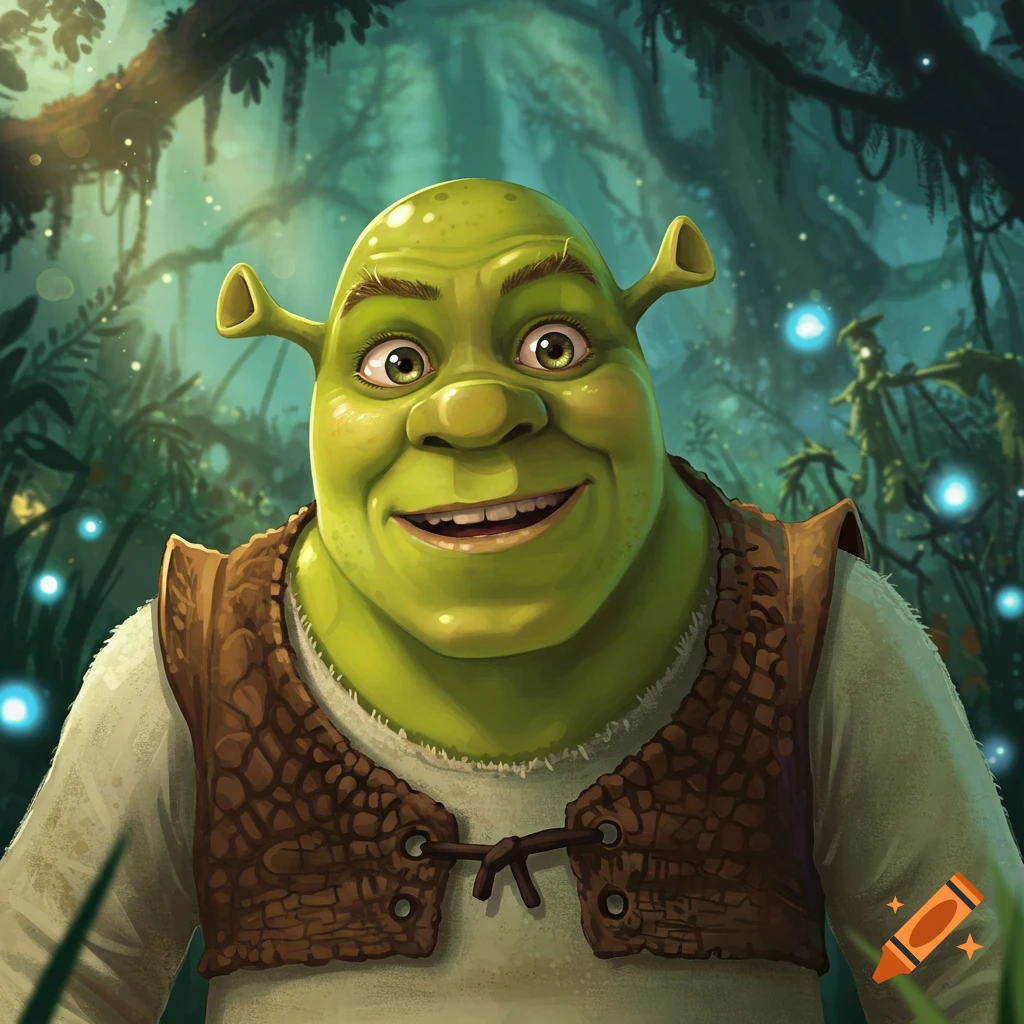 Shrek meme with a creepy smile on Craiyon, image size:1024x1024