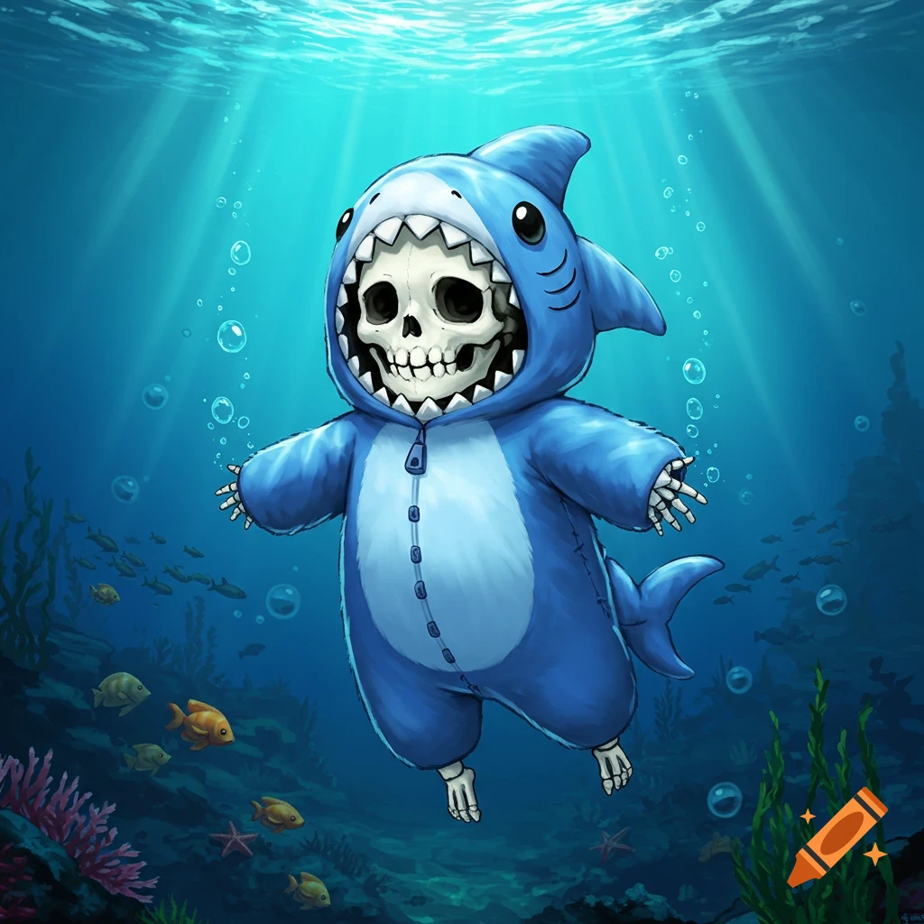 An anime skeleton wears a blue shark onesie underwater, surrounded by fish, bubbles, and coral, with light rays from above.