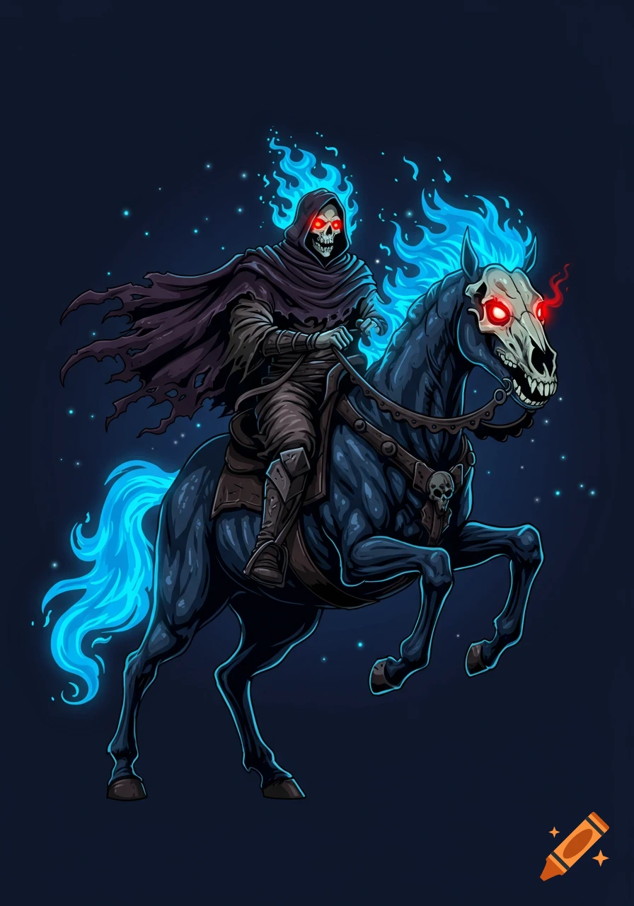 Cartoon skeleton in a cloak riding a dark horse with glowing blue flames and red eyes, on a dark blue background.