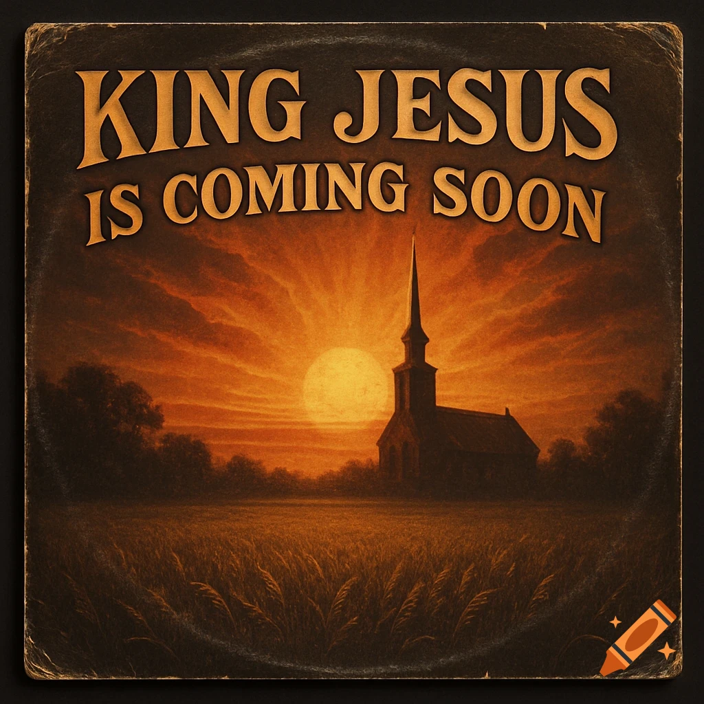 Vintage vinyl record album cover with 'KING JESUS IS COMING SOON' text above a church silhouette in a field at sunset.