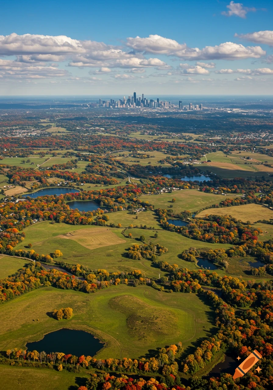 Photorealistic aerial view of a vast autumn landscape with fields, lakes, colorful trees, and a distant city skyline under a blue sky.