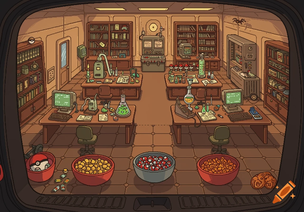 Pixel art depiction of Professor Oak's laboratory from Pokemon, filled with bookshelves, lab equipment, and three bowls of candy in the foreground.