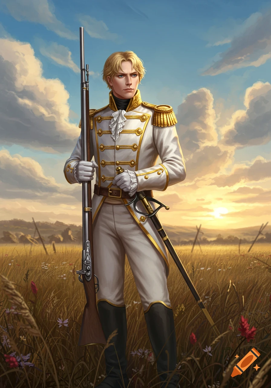 Blond man in a white and gold military uniform holds a musket while standing in a field at sunset, digital painting.