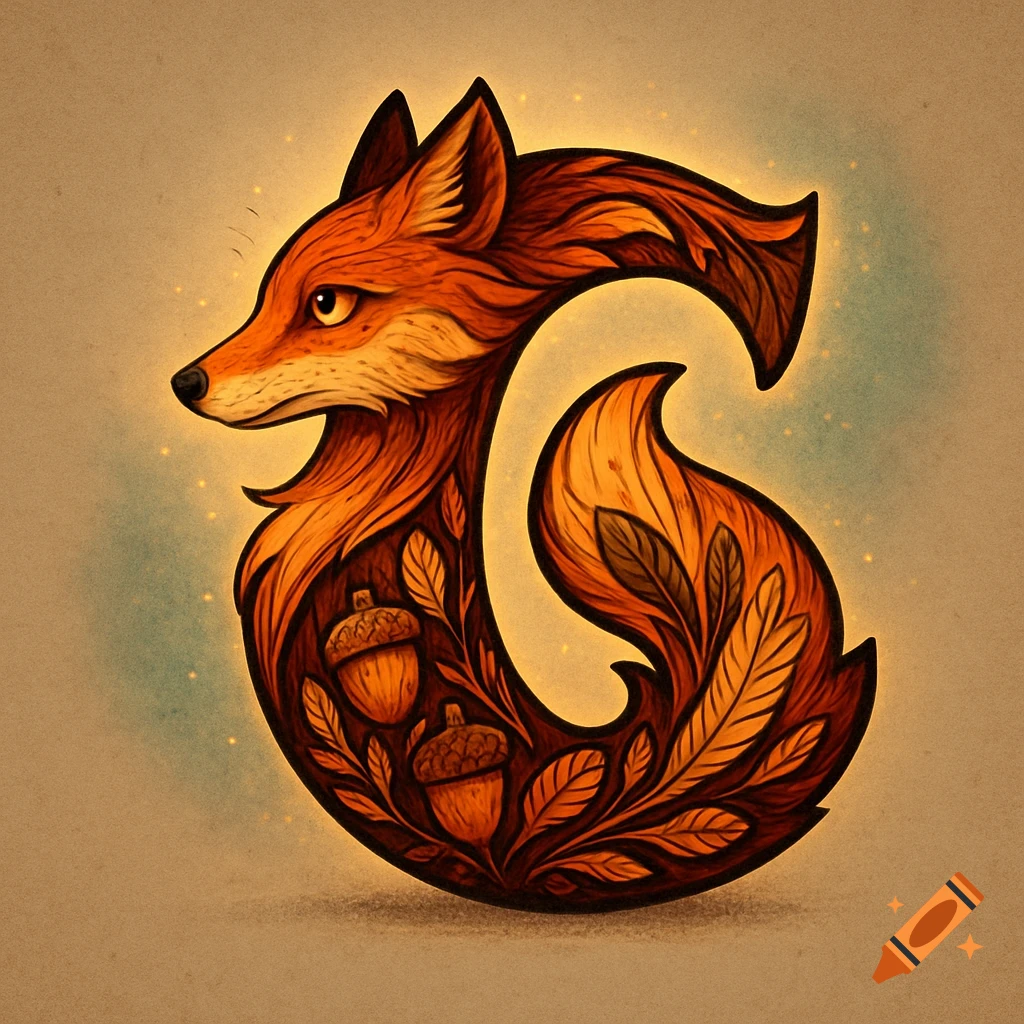 A stylized illustrative logo of an orange fox forming a 'G' shape, filled with autumn leaves and acorns on a warm background.