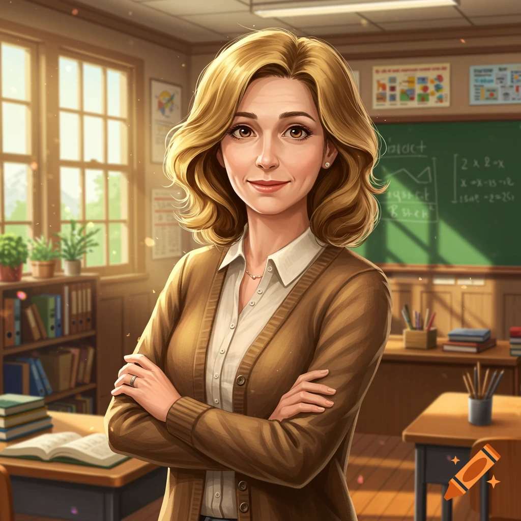 A friendly blonde female teacher with crossed arms smiles in a sunlit classroom, digital illustration.