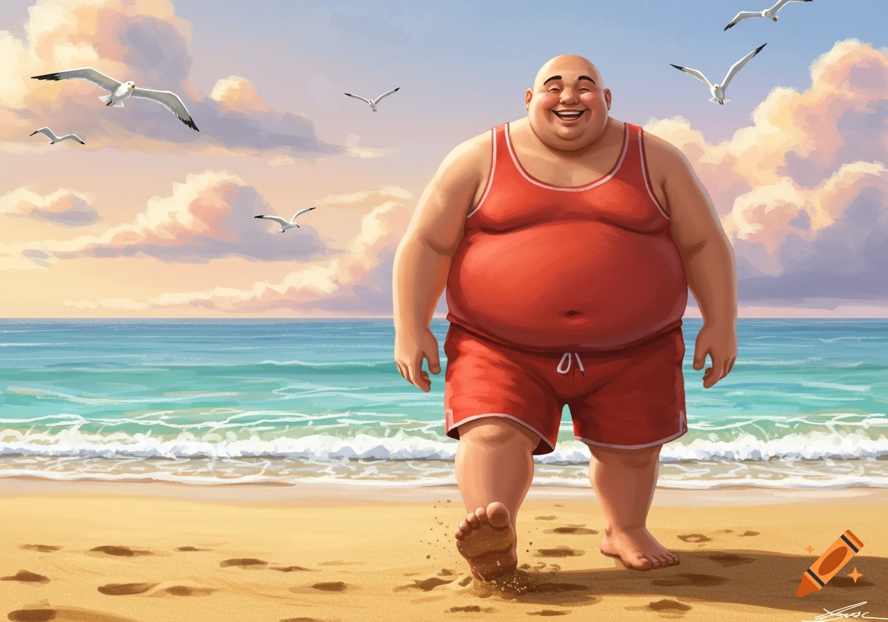 A happy, bald, overweight man in a red tanktop and shorts walks on a sandy beach with seagulls flying under a colorful sky. Cartoon style.