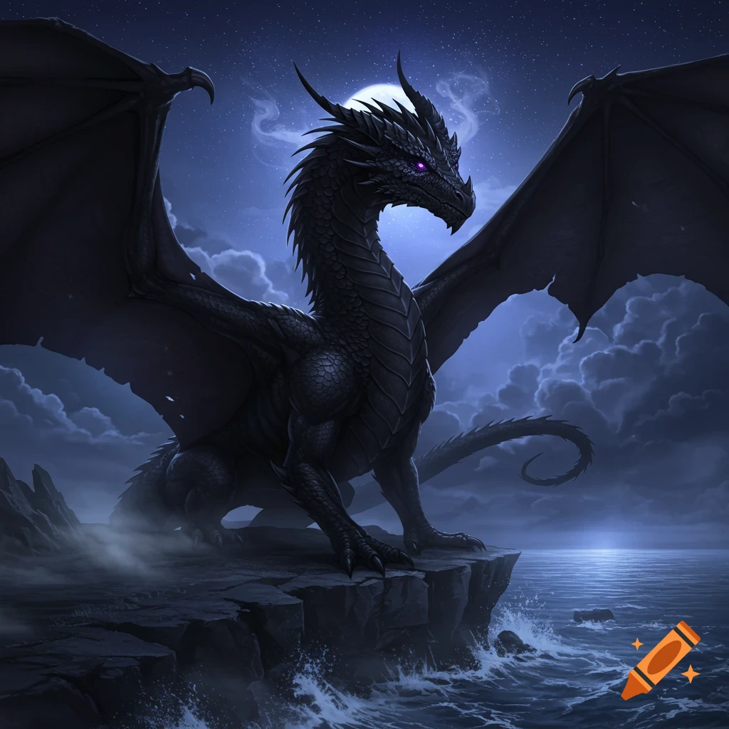 A majestic black dragon with glowing purple eyes perches on a cliff overlooking a stormy ocean under a full moon at night.