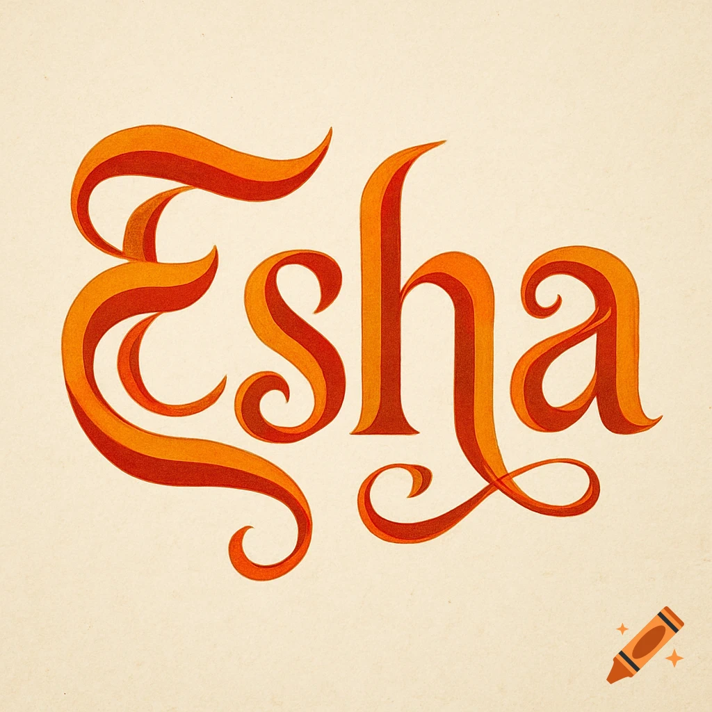 The word 'Esha' rendered in a flowing, orange and red, Hindi-script-inspired custom font on a light background.