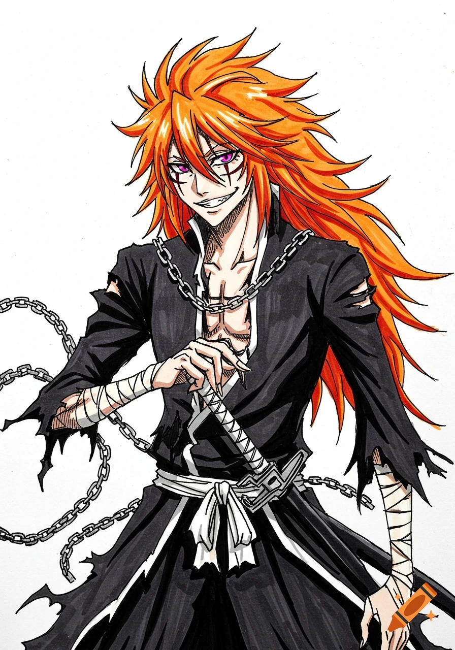 Hand-drawn anime character with wild orange hair, glowing purple eyes, smirk, torn black robes, chains, bandages, holding a jagged sword.