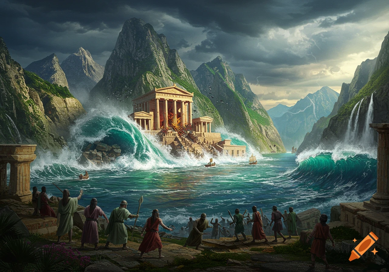 An epic flood with immense waves engulfs an ancient temple and city, as people flee amidst towering mountains under a stormy sky.