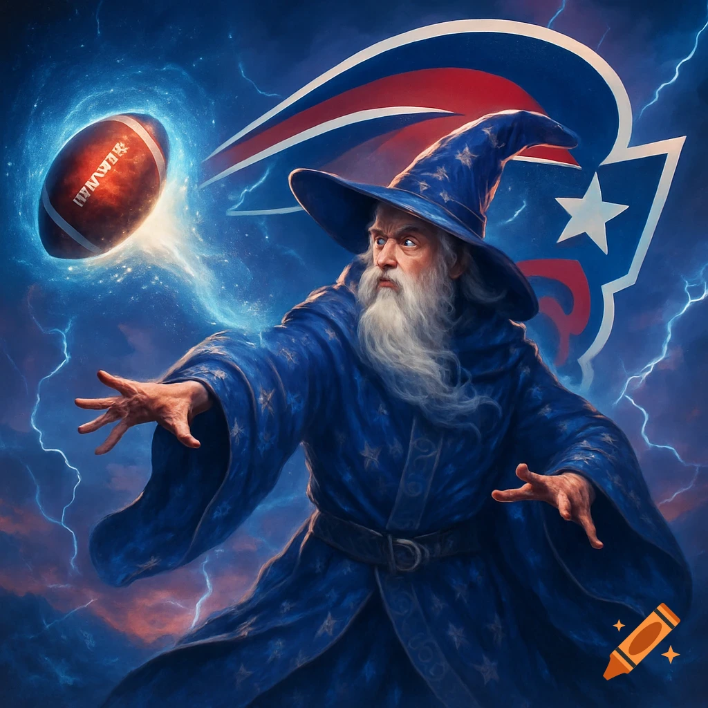 A wizard in a blue starry robe and hat conjures a glowing football, with lightning bolts in the background and a red, white, and blue sports logo.