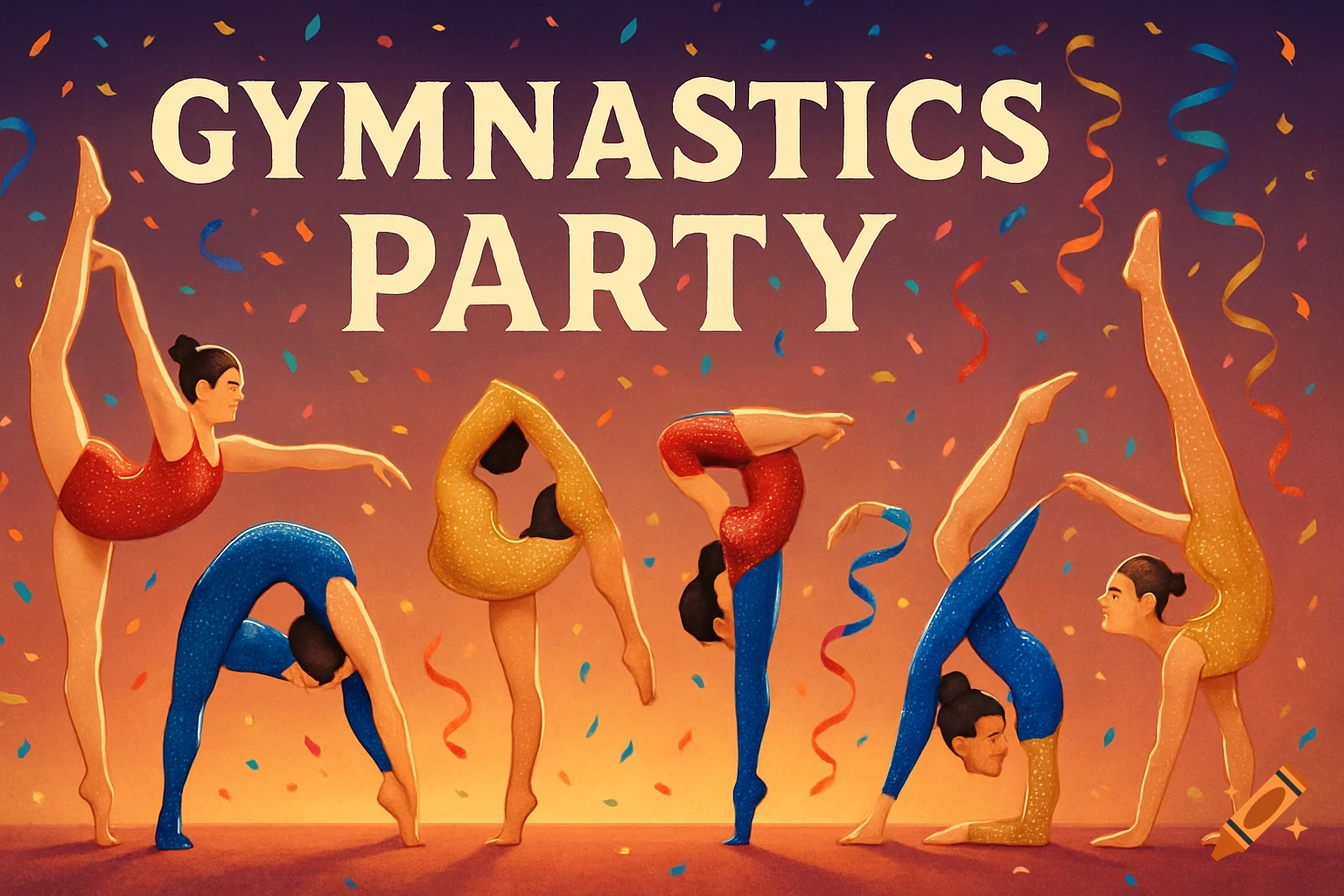 Colorful illustration of gymnasts in various poses, with confetti falling, and the text "GYMNASTICS PARTY" overhead.