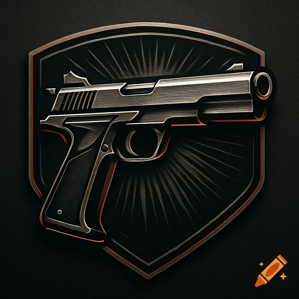 A stylized metallic pistol on a dark shield logo with radiating lines, against a black background.