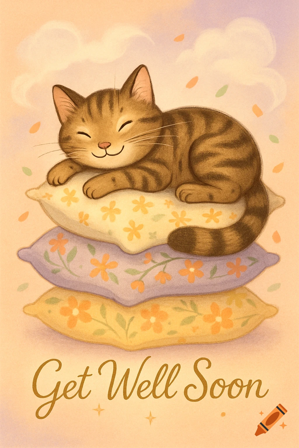 A cute cartoon tabby cat sleeps peacefully on a stack of colorful floral pillows, with 'Get Well Soon' written below.